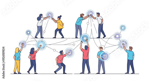 Diverse group of people connecting and collaborating via digital icons in a stylized illustration