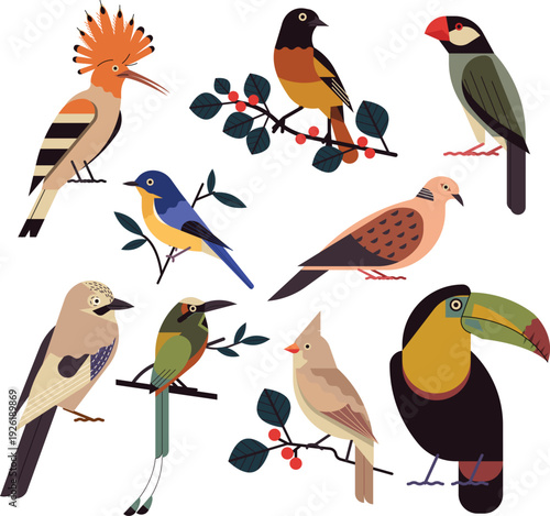 PriGeometric collection of stylized tropical and forest birds in flat mid-century modern design stylent