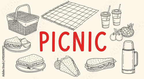 Black and white line art illustration of various picnic items surrounding the red word PICNIC