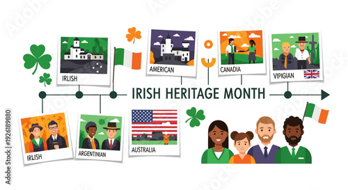 Infographic celebrating Irish Heritage Month with diverse people and flags on a white background with green shamrocks and cultural icons.