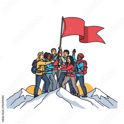 Diverse group of adventurers celebrating success on mountain peak with red flag
