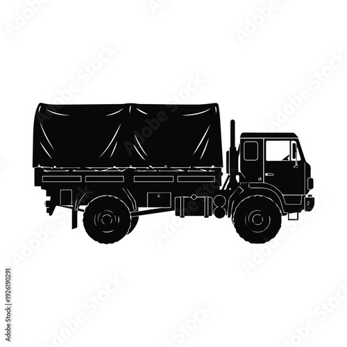 Black silhouette of a large truck with covered cargo bed