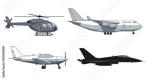 Diverse Aircraft Vector Illustrations Helicopter Cargo Plane Propeller Plane and Fighter Jet in Side Profile.