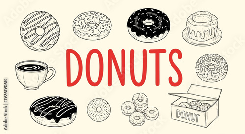 Black and white line drawings of various donuts and a coffee cup surrounding bold red text reading DONUTS