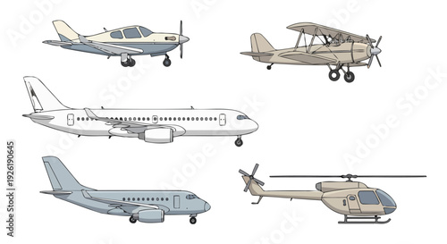 Diverse cartoon aircraft collection propeller plane biplane passenger jets and helicopter illustrations.