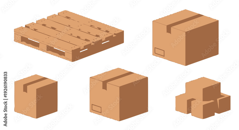 Fototapeta premium Isometric wooden pallet and brown cardboard boxes sealed and stacked for shipping and delivery.