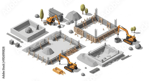 Construction Site with Excavators and Buildings.