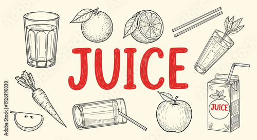 Black and white lineart illustrations surround the bold red word JUICE on a light background