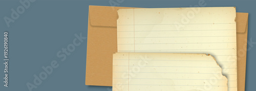 Part of vintage foolscap papers overlap with brown long envelop on blue background have blank space.