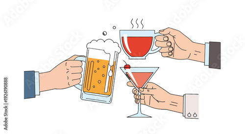Three diverse hands toasting with a frothy beer mug steaming hot cup and cherrygarnished cocktail glass in flat cartoon style.