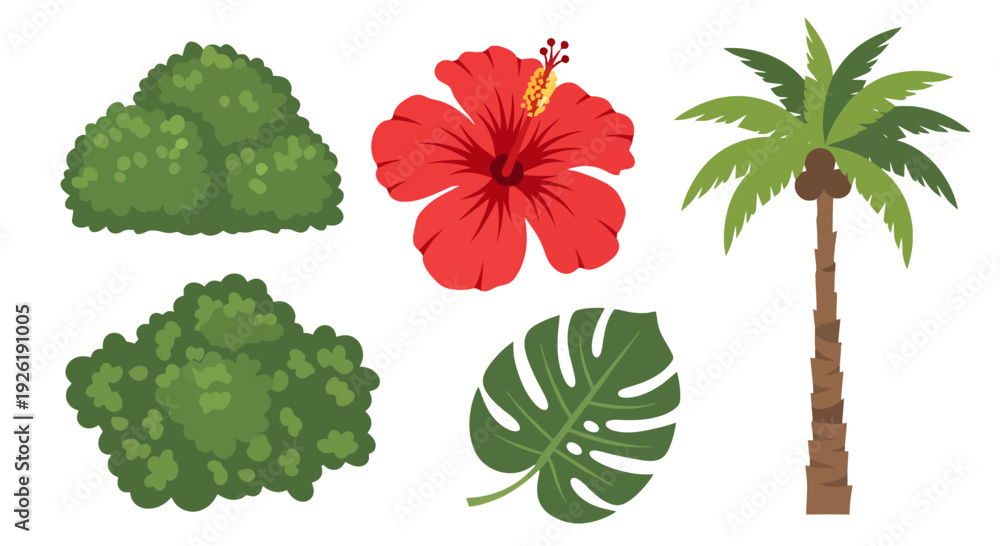 Obraz premium Vibrant Tropical Plants Collection Hibiscus Flower Palm Tree Monstera Leaf and Green Bushes Vector Illustration.