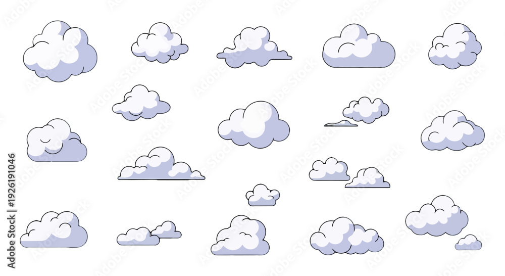 Obraz premium Whimsical cartoon clouds with puffy white and blue forms distinct black outlines diverse shapes and sizes.