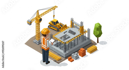 Construction Site with Crane and Workers.