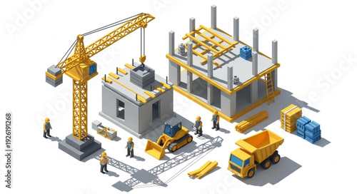 Construction Site with Crane and Workers.