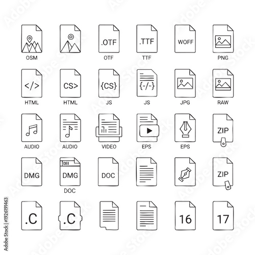 File type icons for various digital formats and documents
