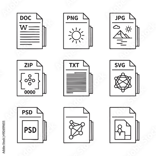 File type icons for various digital documents and formats