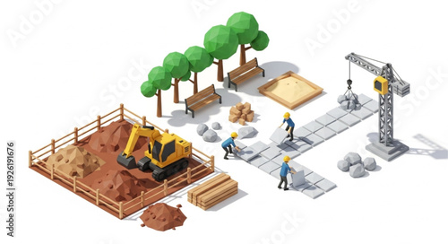 Construction Site with Crane and Workers.