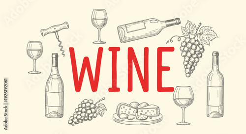 Red WINE text surrounded by black and white line drawings of winerelated items