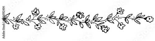 Simple hand-drawn vector drawing with a black outline. Long floral garland, border. Branches with leaves, small flowers, twigs. Nature and plant. Sketch in ink.