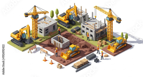 Construction Site with Cranes and Buildings.