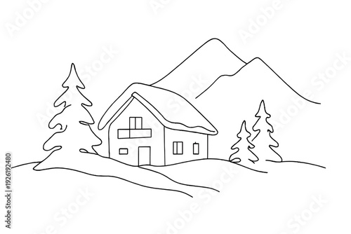 Minimalist Winter Chalet. "Winter Escape". Minimalistic one-line drawing mountain chalet and trees covered in