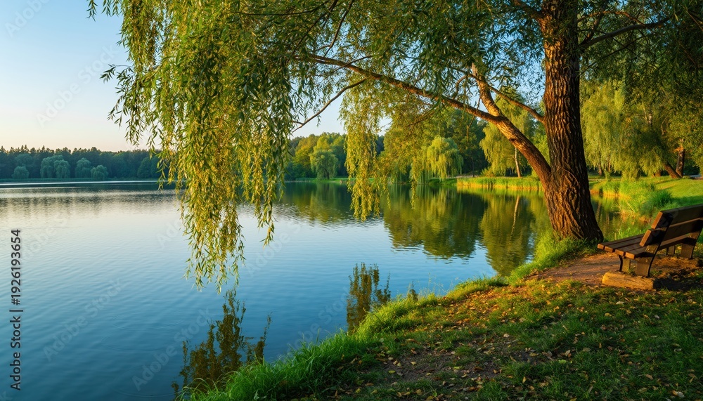 Obraz premium Peaceful weeping willow tree by calm lake with empty park bench.