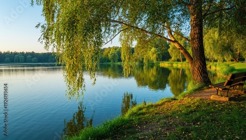 Peaceful weeping willow tree by calm lake with empty park bench.
