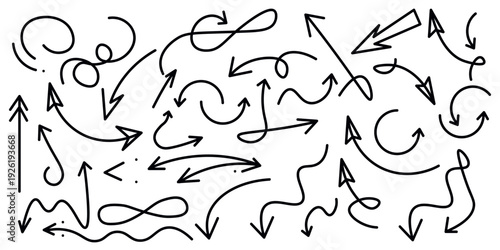 Various bold brush drawn curved arrows. Collection doodle marker thick arrows in different directions. Hand drawn vector direction pointers