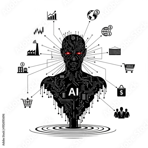 Black circuit board humanoid figure with red eyes and ai text on chest