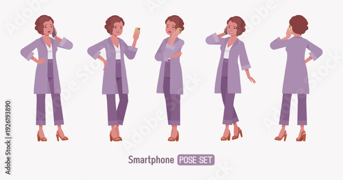 Attractive business woman in purple blouse smartphone talk pose set. Ankle length trousers, long-sleeved knee length lavender cardigan, high-heeled sandals, elegant lady. Vector flat style cartoon ill