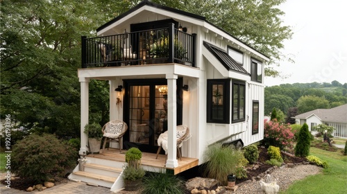 Charming tiny house with modern design and lush landscaping. A perfect retreat for minimalists. Discover the beauty of compact living. Generative AI