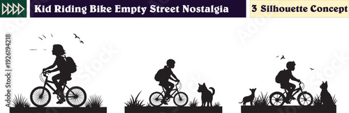 Silhouette of Kid Riding Bike on Empty Street for Childhood Nostalgia and Freedom Theme