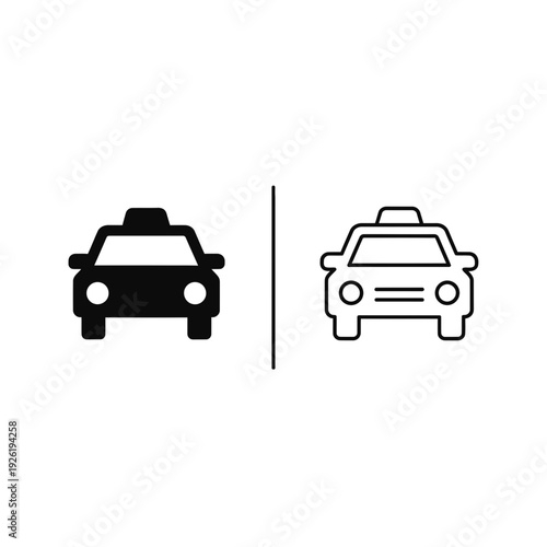 Taxi Cab Front View Vector Icons, Minimalist Transportation Symbols for Ride-Sharing and Public Transit in Solid and Outline Styles