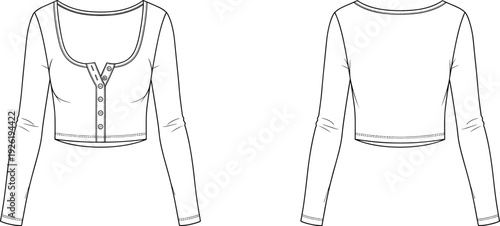 Fashion flat sketch long sleeve crop top, vector CAD drawing, technical illustration, scoop neckline design, garment construction detail