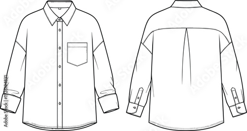 Fashion flat sketch long sleeve button-up shirt, vector CAD drawing, technical illustration, classic collar design, garment construction detail