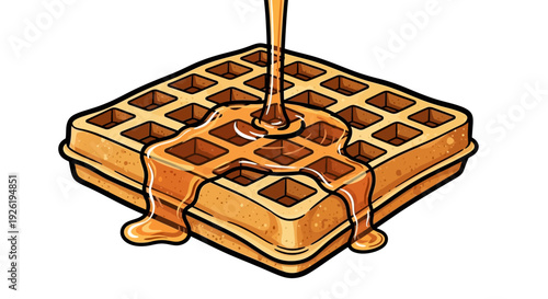 Syrup being poured on waffle.