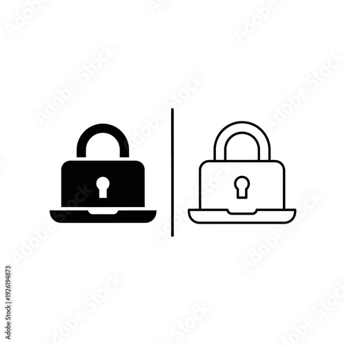 Laptop icon combined with a padlock, in solid black and outline versions, signifying security, privacy, or secure access for a computer.