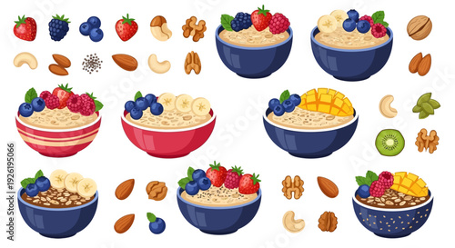 Variety of oatmeal bowls with fruits.