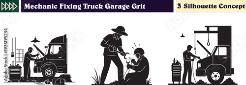 Mechanic Silhouette Fixing Heavy Truck in Gritty Garage Workshop for Automotive Maintenance