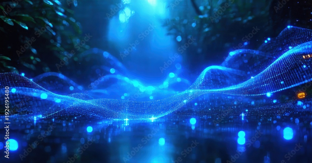 Obraz premium Abstract blue waves, glowing particles, dark forest background. Digital art, futuristic design, vibrant energy radiates.