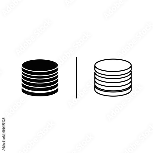 Stack of Coins or Discs Icon in Flat Black and Outline Styles for Finance, Data Storage, and Economy Concepts