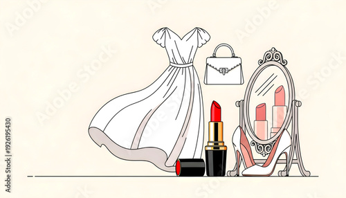 Elegant fashion illustration featuring dress, handbag, cosmetics, and shoes arranged near ornate mirror, reflected beauty products, from a frontal viewpoint.