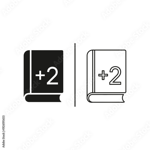 Book with Plus Two Icon - Add to Collection, New Edition, or Increase Quantity Symbol Vector Illustration. Flat Design Learning Concept.
