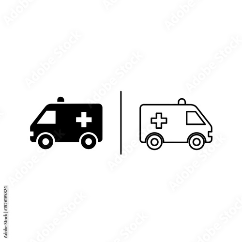 Emergency ambulance vehicle icon set in solid black and outline styles, medical transport symbol for healthcare apps, hospital signage, and first aid graphics.