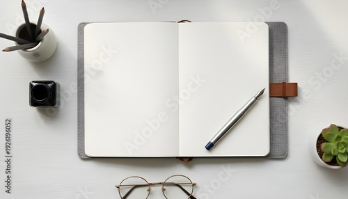 Elegant workspace setup with blank journal and writing tools