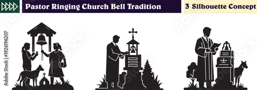 Silhouette of Pastor Ringing Church Bell for Traditional Worship Faith and Sunday Service
