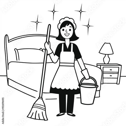 Cleaning lady with broom and bucket