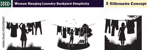 Woman Silhouette Hanging Laundry in Backyard Sun for Sustainable Home Lifestyle and Simplicity