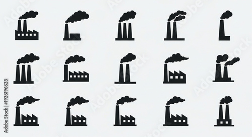 Collection of industrial factory silhouettes with smoke emissions, environmental pollution concept.