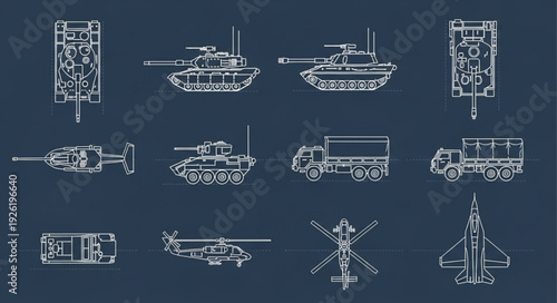 Military vehicles and aircrafts in detailed line art on dark background.
